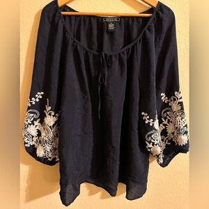 New York Clothing Co Women's Navy Blouse with White Embroidery